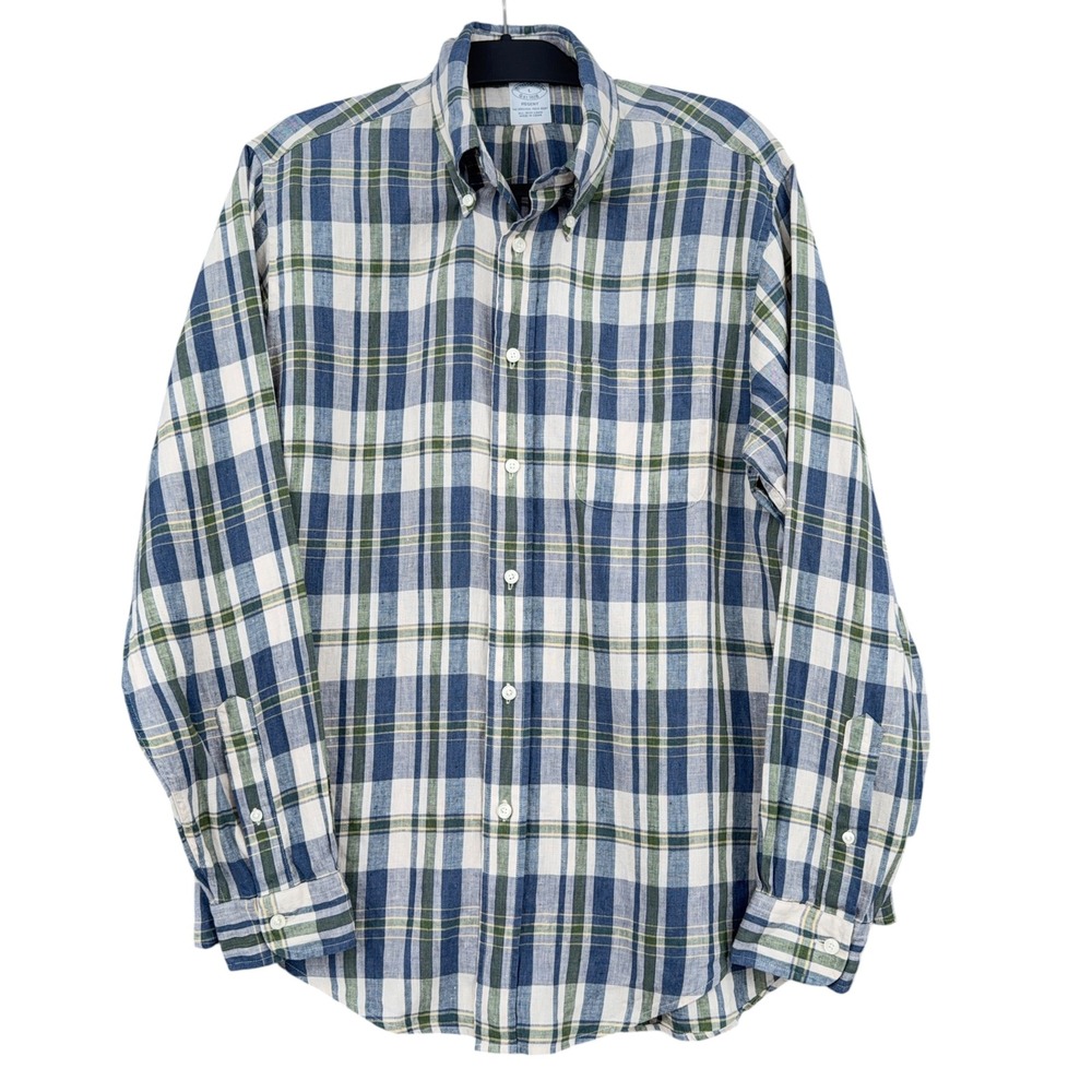 Brooks Brothers Regent Button Down Shirt Mens L 100% Linen Blue Green Plaid